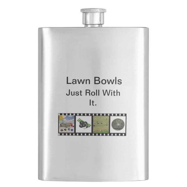 Lawn Bowls Just Roll With It, Hip Flask (Front)