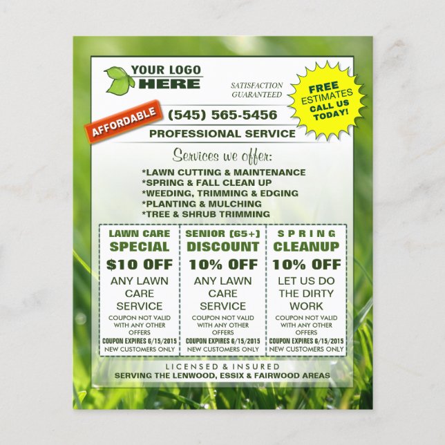Lawn Care 1 SIDED Flyer ADD LOGO Custom Coupons (Front)