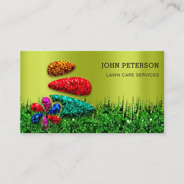 Lawn Care Gardening Landscape Services Logo Green Business Card (Front)