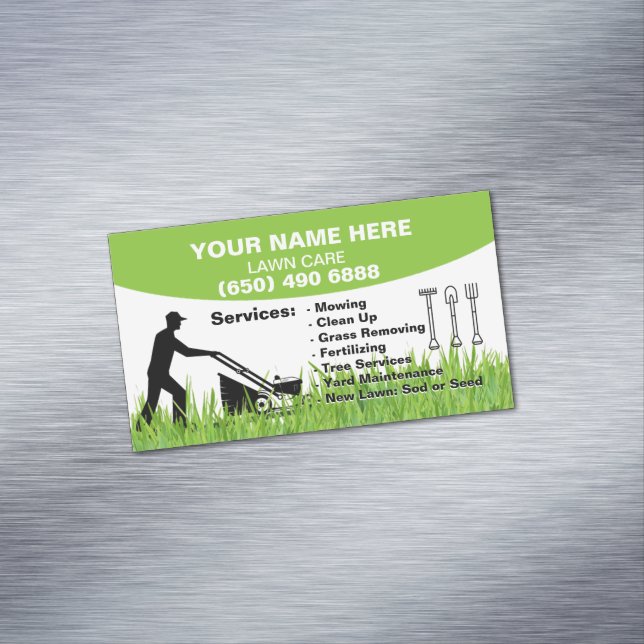 Lawn Care Landscaping Mowing Grass Service Magnetic Business Card (In Situ)