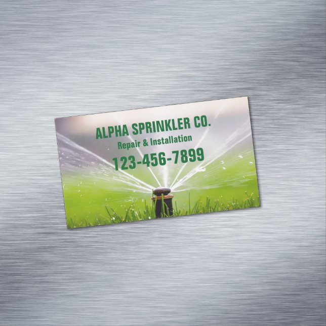 Lawn Care Landscaping Sprinkler Repair Irrigation Magnetic Business Card (In Situ)