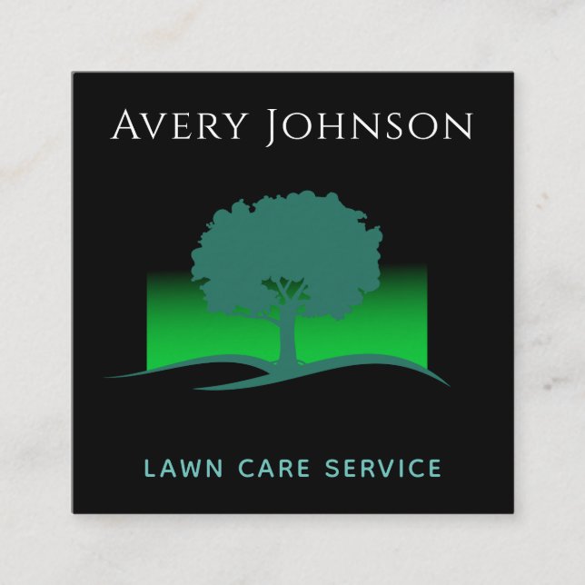 Lawn Care Service Green Neon Tree & Grass Modern Square Business Card (Front)