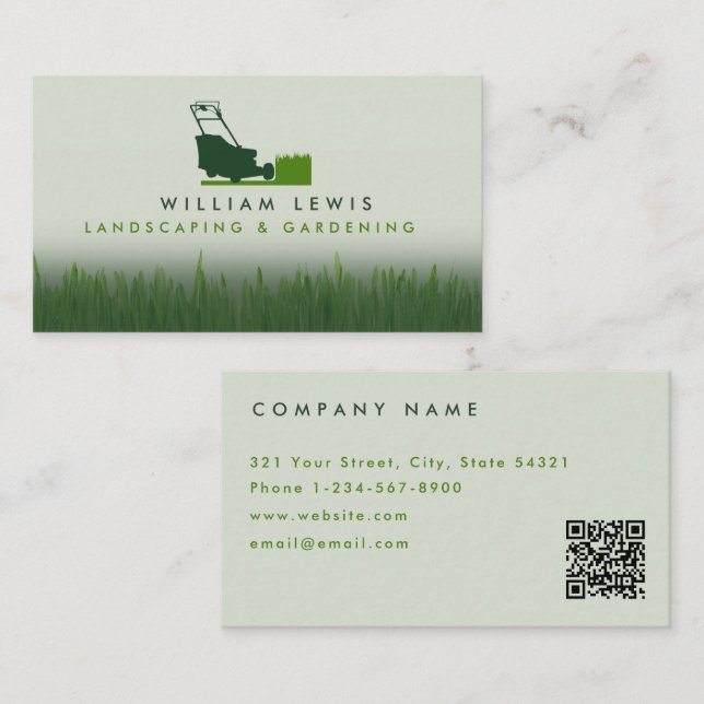 Lawn Care Simple Landscape Mowing QR Code Business Card (Front/Back)