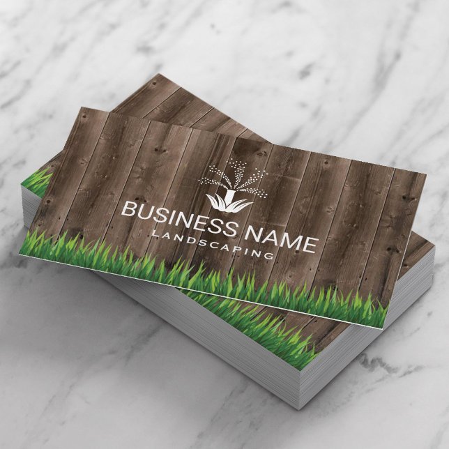 Lawn Care Sprinkler Logo Barn Wood Landscaping Business Card (Creator Uploaded)