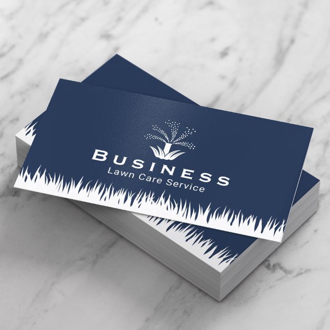 Lawn Care Sprinkler Logo Navy Blue Landscaping Business Card (Creator Uploaded)