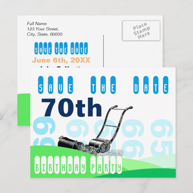 Lawn Mower 70th Birthday Party Save the Date Announcement Postcard (Front/Back)