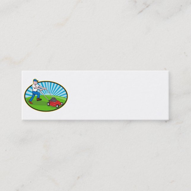 Lawn Mower Man Gardener Cartoon Mini Business Card (Front)