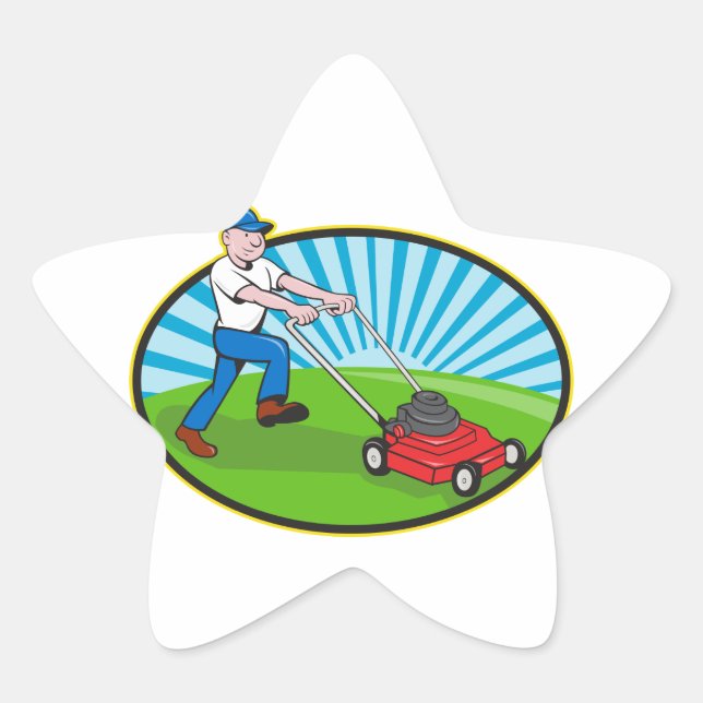 Lawn Mower Man Gardener Cartoon Star Sticker (Front)