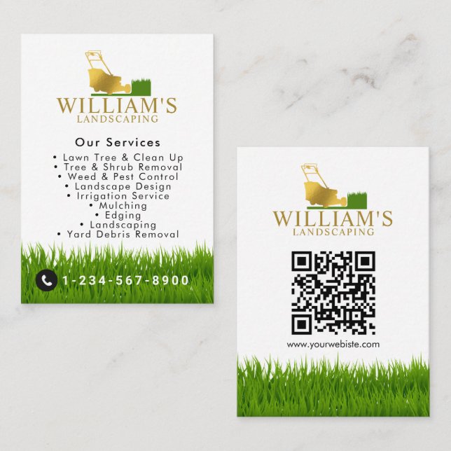 Lawn Mowing Cutting Services, Gold Lawn Care Logo Business Card (Front/Back)