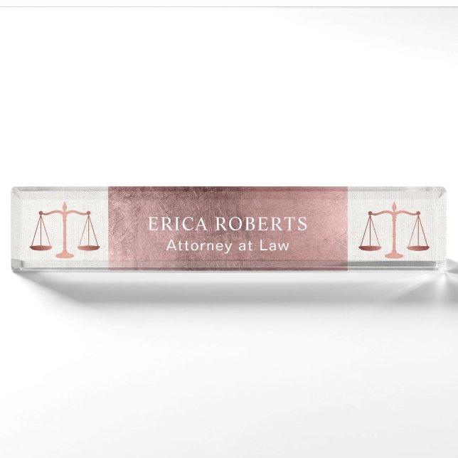 Lawyer Attorney at Law Rose Gold Scale of Justice Nameplate (Front)