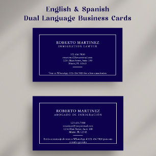 Lawyer Bilingual English Spanish Custom Navy Blue Business Card