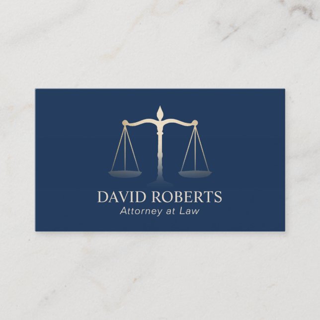 Lawyer Gold Justice Scale Elegant Navy Blue Business Card (Front)