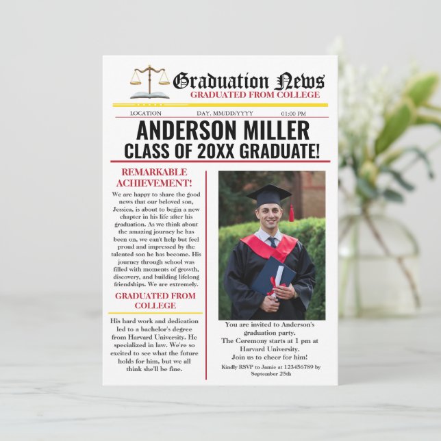 Lawyer Graduation Newspaper College Unique  Invitation (Standing Front)