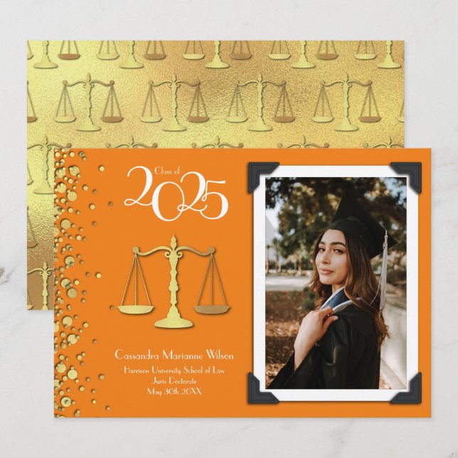 Lawyer Law School Gold Graduation Orange Invitation (Front/Back)