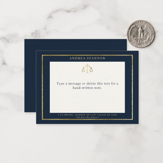 Lawyer Law School Grad Gift Navy Gold Frame Custom Card (Front/Back In Situ)