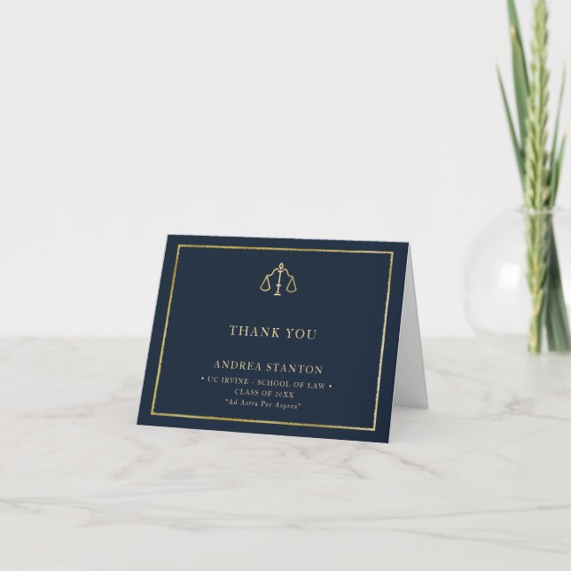 Lawyer Law School Grad Gift Navy Gold Frame Custom Thank You Card (Front)