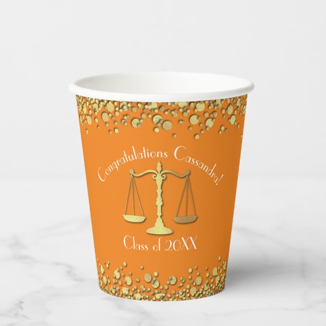 Lawyer Law School Graduation Party Gold Orange Paper Cups (Front)