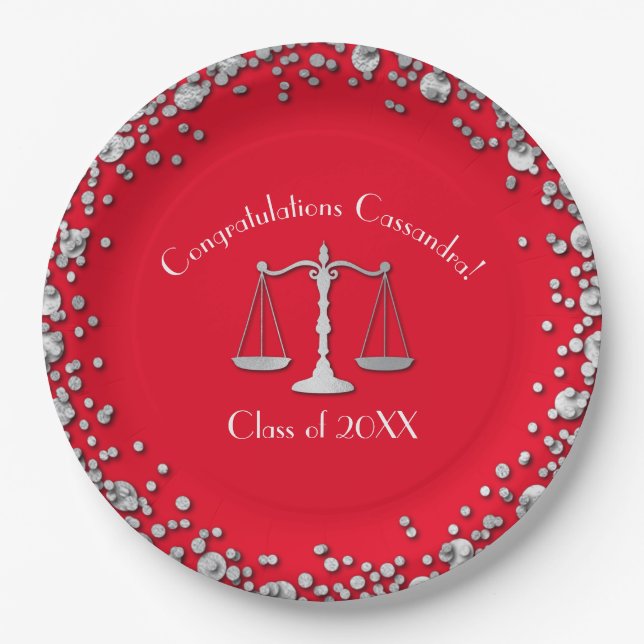Lawyer Law School Graduation Party Silver Red Paper Plate (Front)