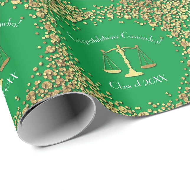 Lawyer Law School Green Gold Graduation Party Wrapping Paper (Roll Corner)