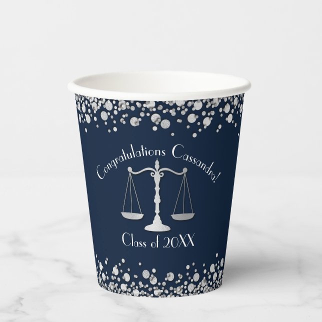 Lawyer Law School navy Silver Graduation Party Paper Cups (Front)