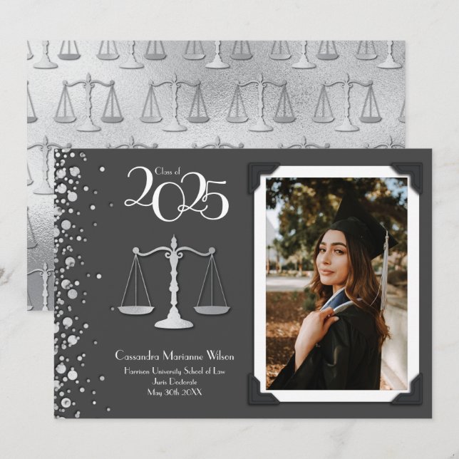 Lawyer Law School Silver Graduation Grey Invitation (Front/Back)