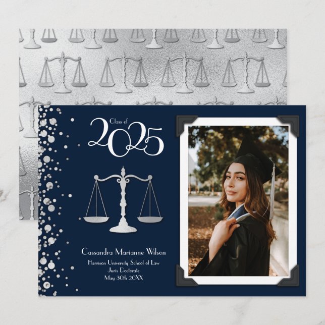 Lawyer Law School Silver Graduation Navy Blue Invi Invitation (Front/Back)