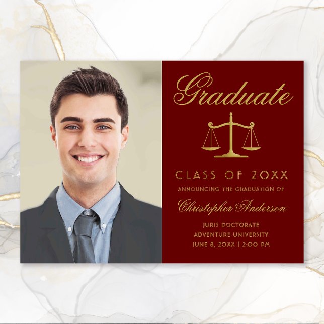 Lawyer Maroon Gold Script Photo Graduation Announcement (Creator Uploaded)