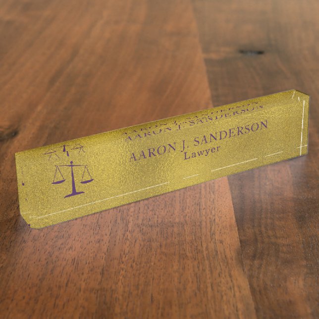 Lawyer office elegant faux gold foil purple scale nameplate (Side)
