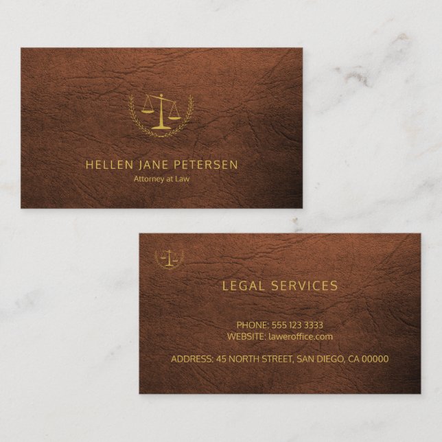 Lawyer upscale gold rusty brown leather look business card (Front/Back)