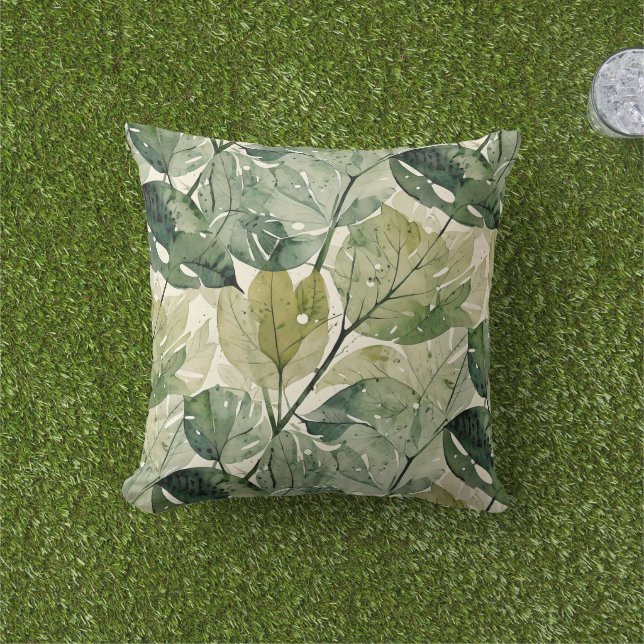 Layered Green Forest Leaves Outdoor Pillow (Grass)