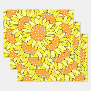 Layered Hand Drawn Yellow Orange Sunflowers Wrapping Paper Sheet