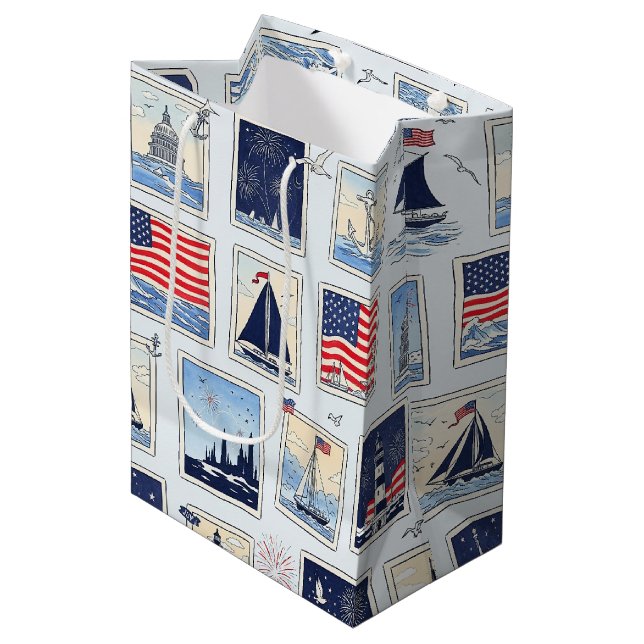 Layered Patriotic Paper Cut Tile Pattern (2) Medium Gift Bag (Front Angled)