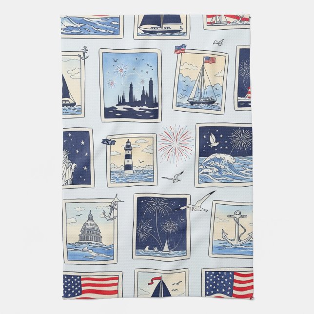 Layered Patriotic Paper Cut Tile Pattern (3) Kitchen Towel (Vertical)