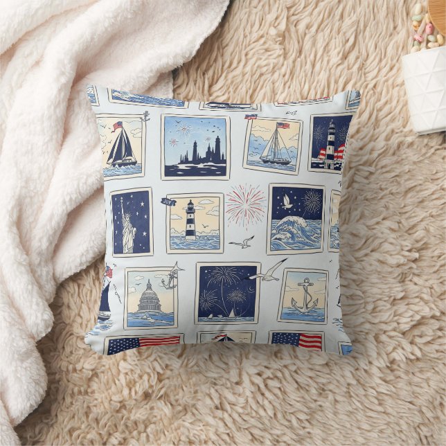 Layered Patriotic Paper Cut Tile Pattern (3) Throw Pillow (Blanket)