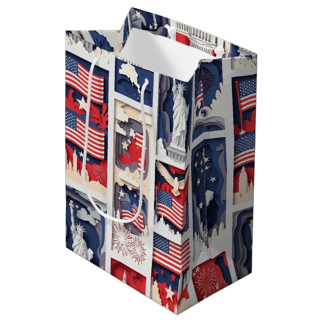 Layered Patriotic Paper Cut Tile Pattern (4) Medium Gift Bag (Front Angled)