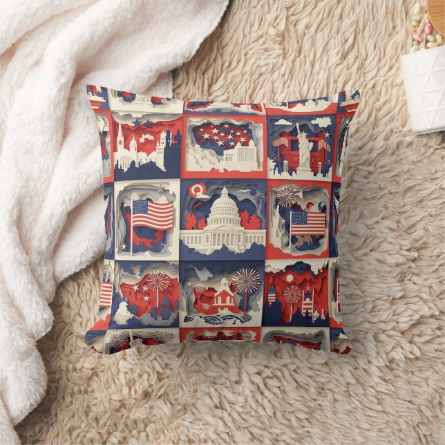 Layered Patriotic Paper Cut Tile Pattern (4) Throw Pillow (Blanket)