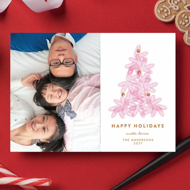 Layered Pink Christmas Tree Holiday Photo Card (Creator Uploaded)