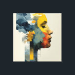 Layered Profile Mosaic Mindscape Glow Canvas Print<br><div class="desc">A contemplative right-facing profile emerges from overlapping translucent color blocks in navy, teal, mustard, orange, rose, and gray. Golden neural-like webs, misty clouds, puzzle-piece fragments, pine forest silhouettes, and subtle water reflections weave throughout the form, creating a rich, dreamlike mosaic. The composition radiates inner complexity, emotional harmony through fragmentation, the...</div>