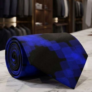 Layered True Blue Squared On Black Pattern         Tie