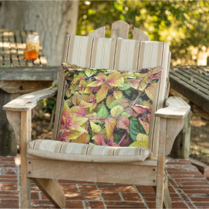 LAYERS OF COLORFUL LEAVES/ PINK GREEN AND YELLOW OUTDOOR PILLOW