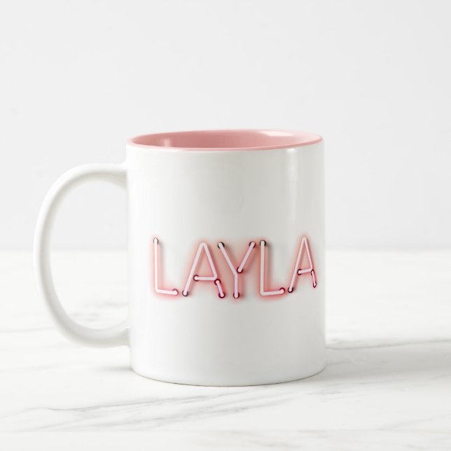 Layla name in glowing neon lights novelty Two-Tone coffee mug (Left)
