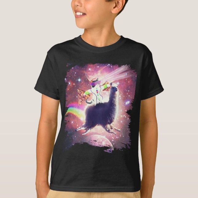 Lazer Rave Space Cat Riding Llama With Pizza T-Shirt (Front)