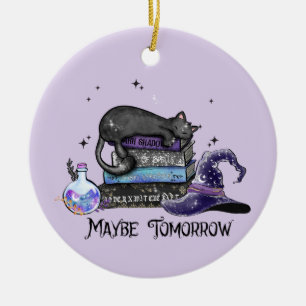 Lazy Black Cat, Halloween Cat   For Bookworm Ceramic Ornament