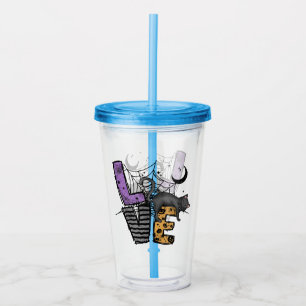 Lazy Black Cat in Spider Web with Love Acrylic Tumbler