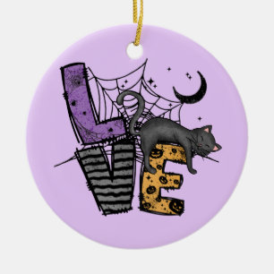 Lazy Black Cat in Spider Web with Love Ceramic Ornament