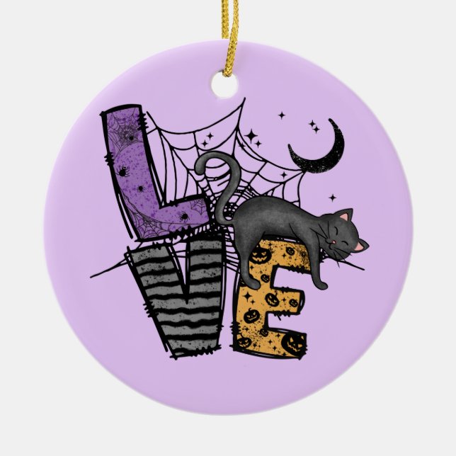 Lazy Black Cat in Spider Web with Love Ceramic Ornament (Front)