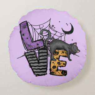 Lazy Black Cat in Spider Web with Love Round Pillow