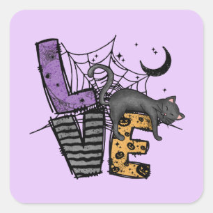 Lazy Black Cat in Spider Web with Love Square Sticker