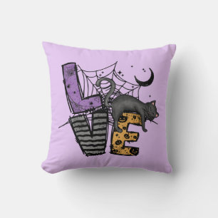 Lazy Black Cat in Spider Web with Love Throw Pillow