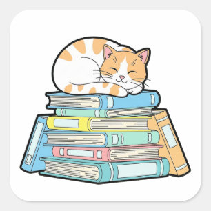 Lazy Cat on Books – Cute Cozy Illustration Square Sticker